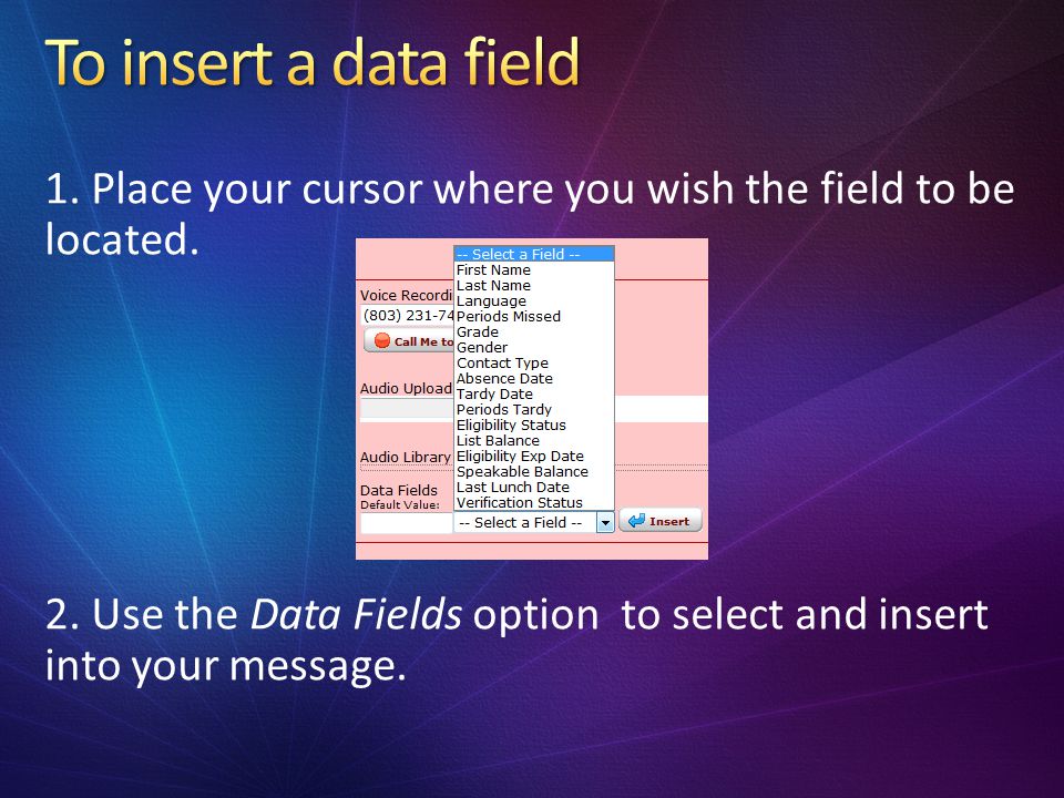 1. Place your cursor where you wish the field to be located.