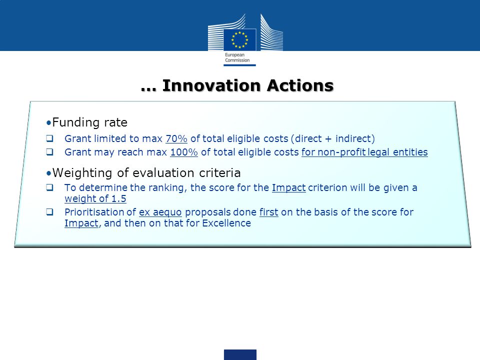 … Innovation Actions Funding rate Grant limited to max 70% of total eligible costs (direct + indirect) Grant may reach max 100% of total eligible costs for non-profit legal entities Weighting of evaluation criteria To determine the ranking, the score for the Impact criterion will be given a weight of 1.5 Prioritisation of ex aequo proposals done first on the basis of the score for Impact, and then on that for Excellence