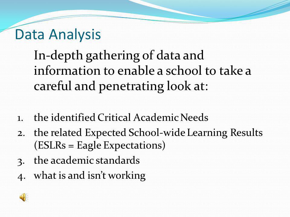 Data Analysis In-depth gathering of data and information to enable a school to take a careful and penetrating look at: 1.