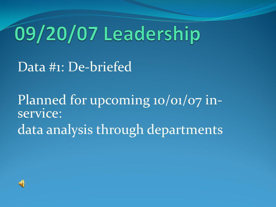 Data #1: De-briefed Planned for upcoming 10/01/07 in- service: data analysis through departments