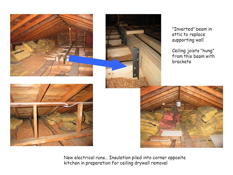 New electrical runs… Insulation piled into corner opposite kitchen in preparation for ceiling drywall removal Inverted beam in attic to replace supporting wall Ceiling joists hung from this beam with brackets