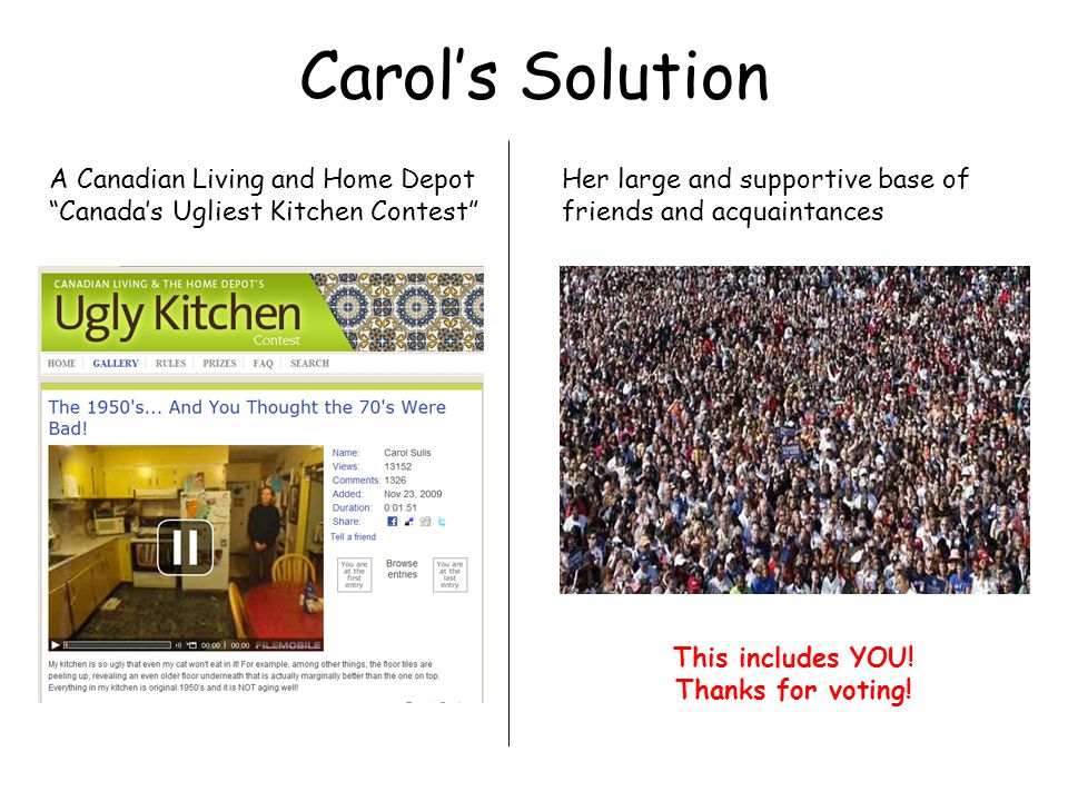 Carols Solution Her large and supportive base of friends and acquaintances A Canadian Living and Home Depot Canadas Ugliest Kitchen Contest This includes YOU.