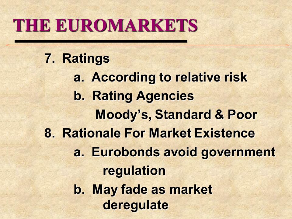 THE EUROMARKETS 7. Ratings a. According to relative risk b.