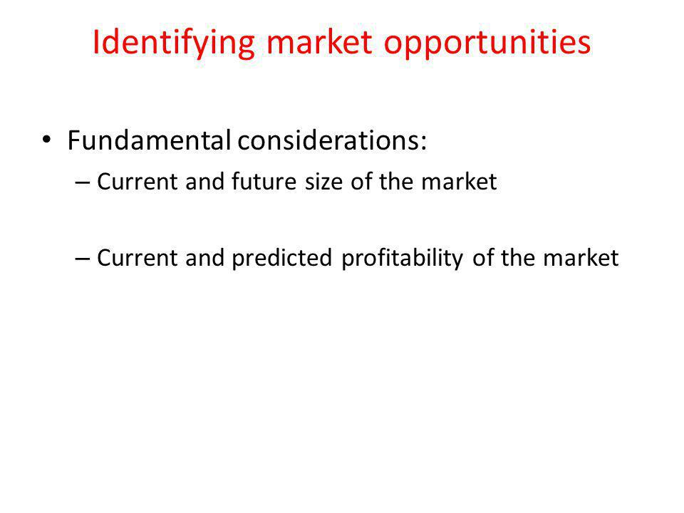 Identifying market opportunities Fundamental considerations: – Current and future size of the market – Current and predicted profitability of the market