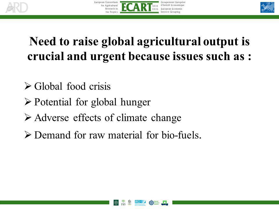 Need to raise global agricultural output is crucial and urgent because issues such as : Global food crisis Potential for global hunger Adverse effects of climate change Demand for raw material for bio-fuels.