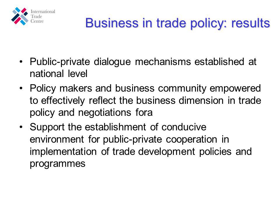 Business in trade policy: results Public-private dialogue mechanisms established at national level Policy makers and business community empowered to effectively reflect the business dimension in trade policy and negotiations fora Support the establishment of conducive environment for public-private cooperation in implementation of trade development policies and programmes