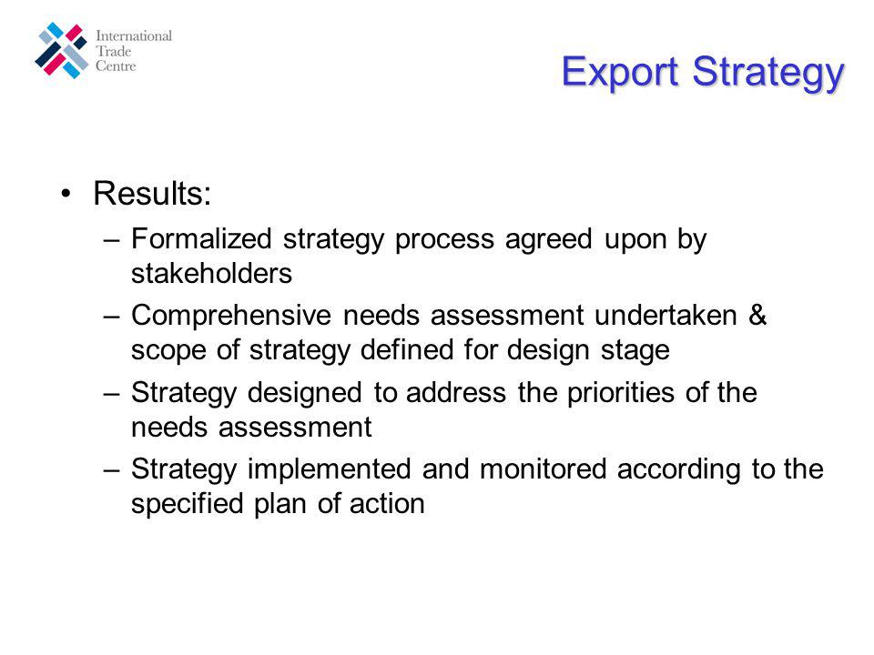 Export Strategy Results: –Formalized strategy process agreed upon by stakeholders –Comprehensive needs assessment undertaken & scope of strategy defined for design stage –Strategy designed to address the priorities of the needs assessment –Strategy implemented and monitored according to the specified plan of action