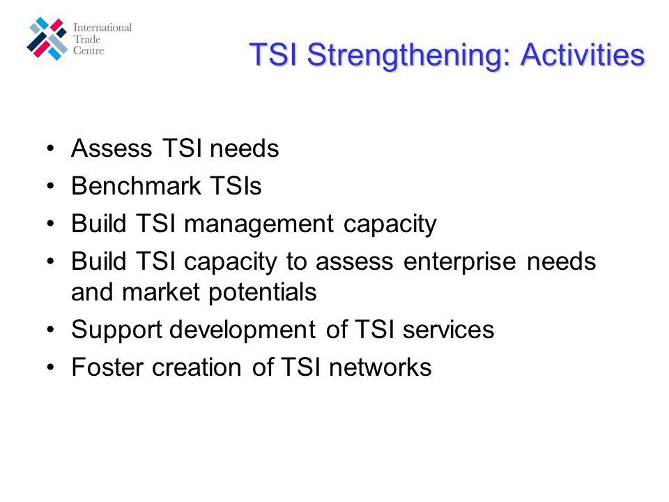 Assess TSI needs Benchmark TSIs Build TSI management capacity Build TSI capacity to assess enterprise needs and market potentials Support development of TSI services Foster creation of TSI networks TSI Strengthening: Activities