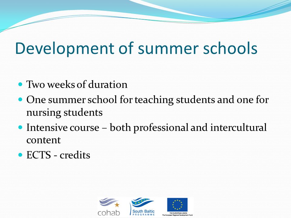 Development of summer schools Two weeks of duration One summer school for teaching students and one for nursing students Intensive course – both professional and intercultural content ECTS - credits