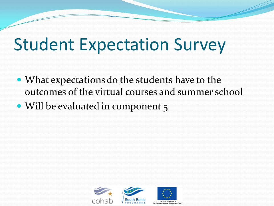 Student Expectation Survey What expectations do the students have to the outcomes of the virtual courses and summer school Will be evaluated in component 5
