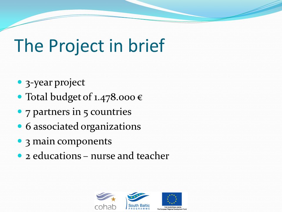The Project in brief 3-year project Total budget of partners in 5 countries 6 associated organizations 3 main components 2 educations – nurse and teacher