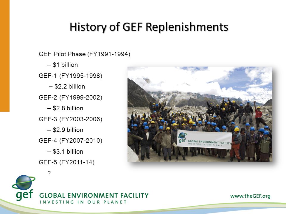 History of GEF Replenishments GEF Pilot Phase (FY ) – $1 billion GEF-1 (FY ) – $2.2 billion GEF-2 (FY ) – $2.8 billion GEF-3 (FY ) – $2.9 billion GEF-4 (FY ) – $3.1 billion GEF-5 (FY )
