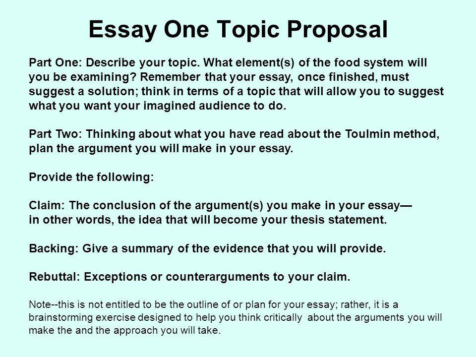 essay one topic proposal part one describe your topic what toulmin essay