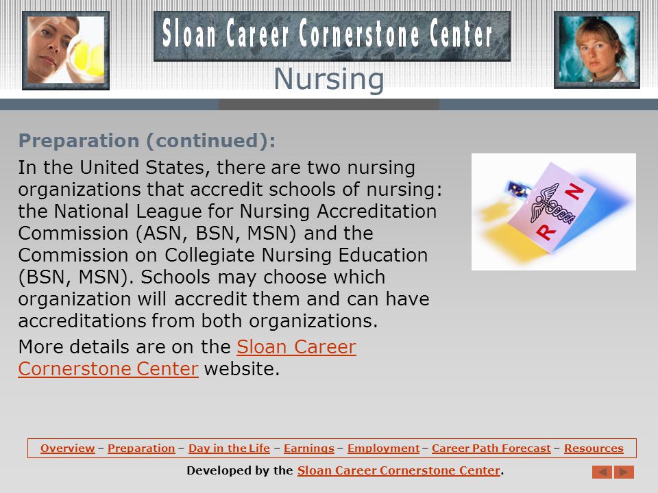 Preparation (continued): BSN programs, offered by colleges and universities, take about 4 years to complete.