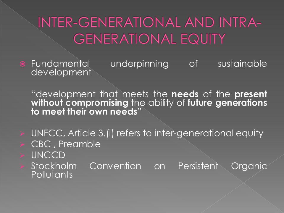 Fundamental underpinning of sustainable development development that meets the needs of the present without compromising the ability of future generations to meet their own needs UNFCC, Article 3.(i) refers to inter-generational equity CBC, Preamble UNCCD Stockholm Convention on Persistent Organic Pollutants
