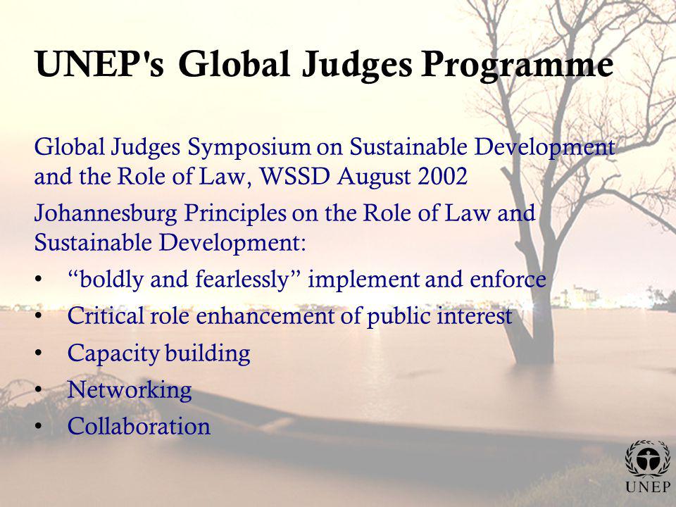 UNEP s Global Judges Programme Global Judges Symposium on Sustainable Development and the Role of Law, WSSD August 2002 Johannesburg Principles on the Role of Law and Sustainable Development: boldly and fearlessly implement and enforce Critical role enhancement of public interest Capacity building Networking Collaboration