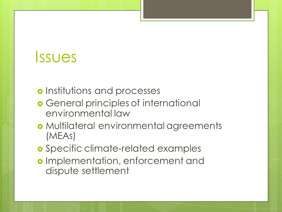 Issues Institutions and processes General principles of international environmental law Multilateral environmental agreements (MEAs) Specific climate-related examples Implementation, enforcement and dispute settlement
