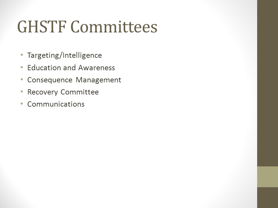 GHSTF Committees Targeting/Intelligence Education and Awareness Consequence Management Recovery Committee Communications