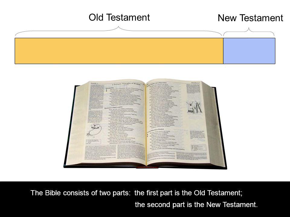 Old Testament New Testament The Bible consists of two parts:the first part is the Old Testament; the second part is the New Testament.