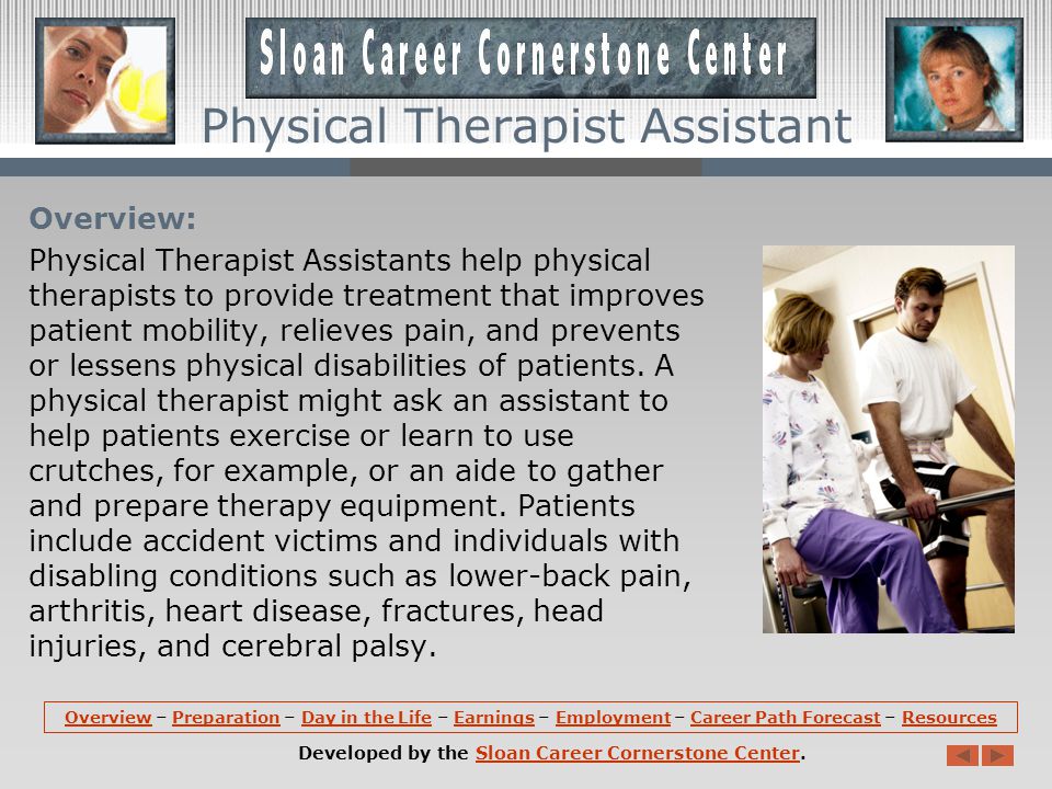 OverviewOverview – Preparation – Day in the Life – Earnings – Employment – Career Path Forecast – ResourcesPreparationDay in the LifeEarningsEmploymentCareer Path ForecastResources Developed by the Sloan Career Cornerstone Center.Sloan Career Cornerstone Center Physical Therapist Assistant