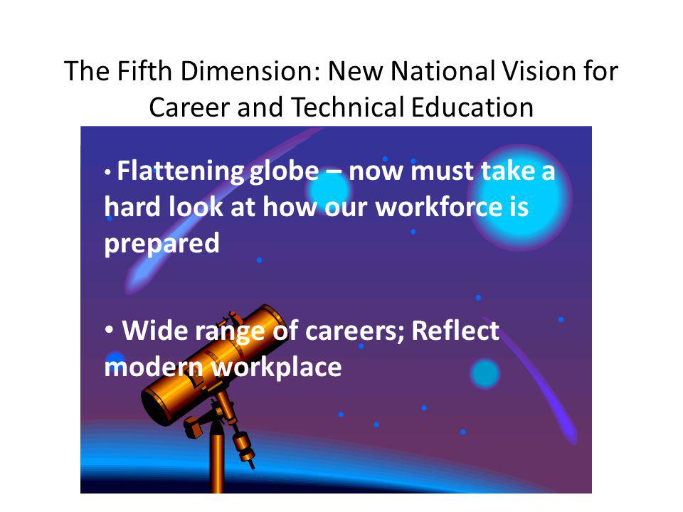 The Fifth Dimension: New National Vision for Career and Technical Education Flattening globe – now must take a hard look at how our workforce is prepared Wide range of careers; Reflect modern workplace
