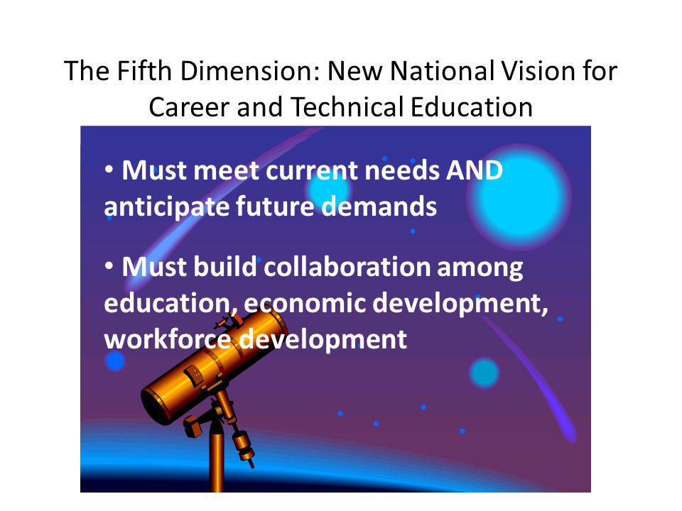 The Fifth Dimension: New National Vision for Career and Technical Education Must meet current needs AND anticipate future demands Must build collaboration among education, economic development, workforce development