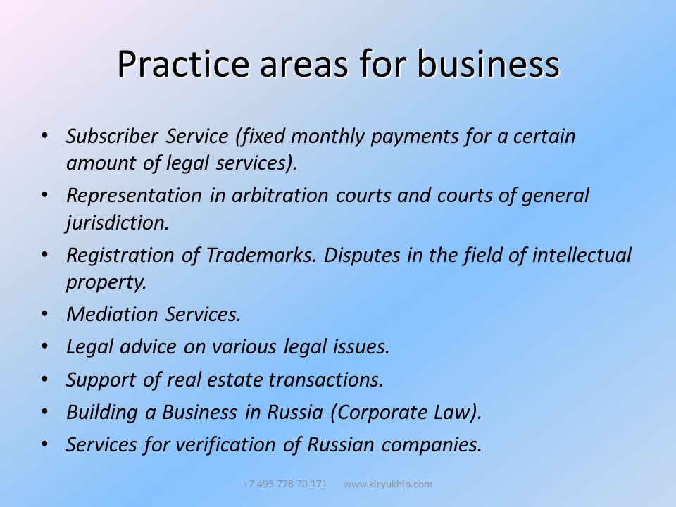 Practice areas for business Subscriber Service (fixed monthly payments for a certain amount of legal services).