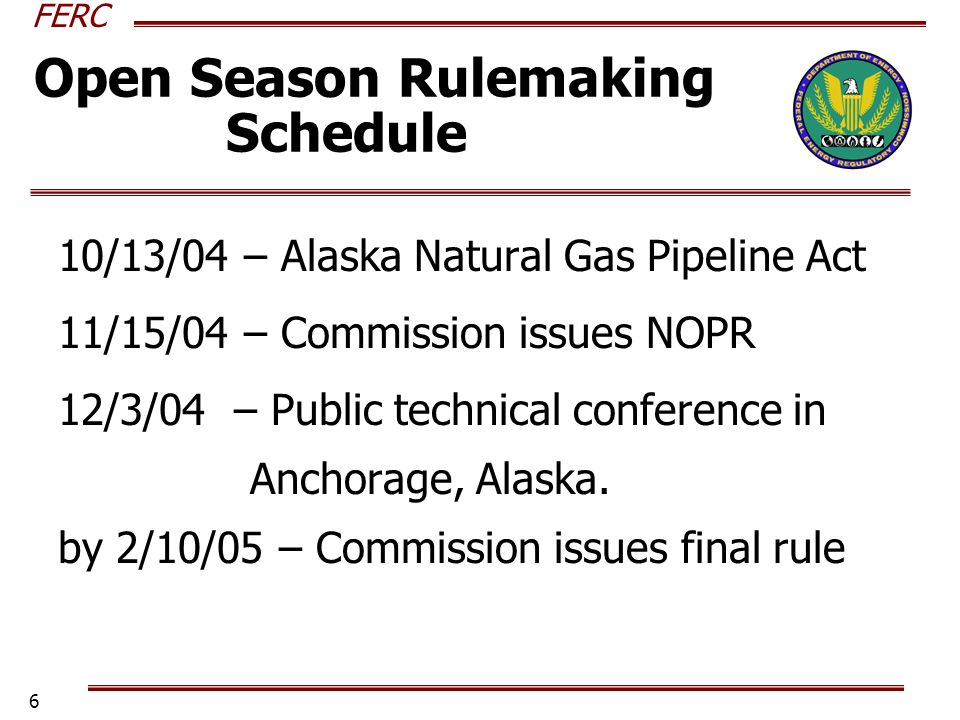 FERC 6 10/13/04 – Alaska Natural Gas Pipeline Act 11/15/04 – Commission issues NOPR 12/3/04 – Public technical conference in Anchorage, Alaska.