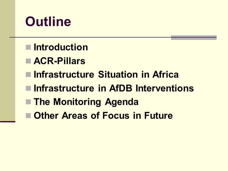 Outline Introduction ACR-Pillars Infrastructure Situation in Africa Infrastructure in AfDB Interventions The Monitoring Agenda Other Areas of Focus in Future