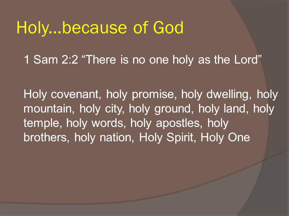 Holy...because of God 1 Sam 2:2 There is no one holy as the Lord Holy covenant, holy promise, holy dwelling, holy mountain, holy city, holy ground, holy land, holy temple, holy words, holy apostles, holy brothers, holy nation, Holy Spirit, Holy One