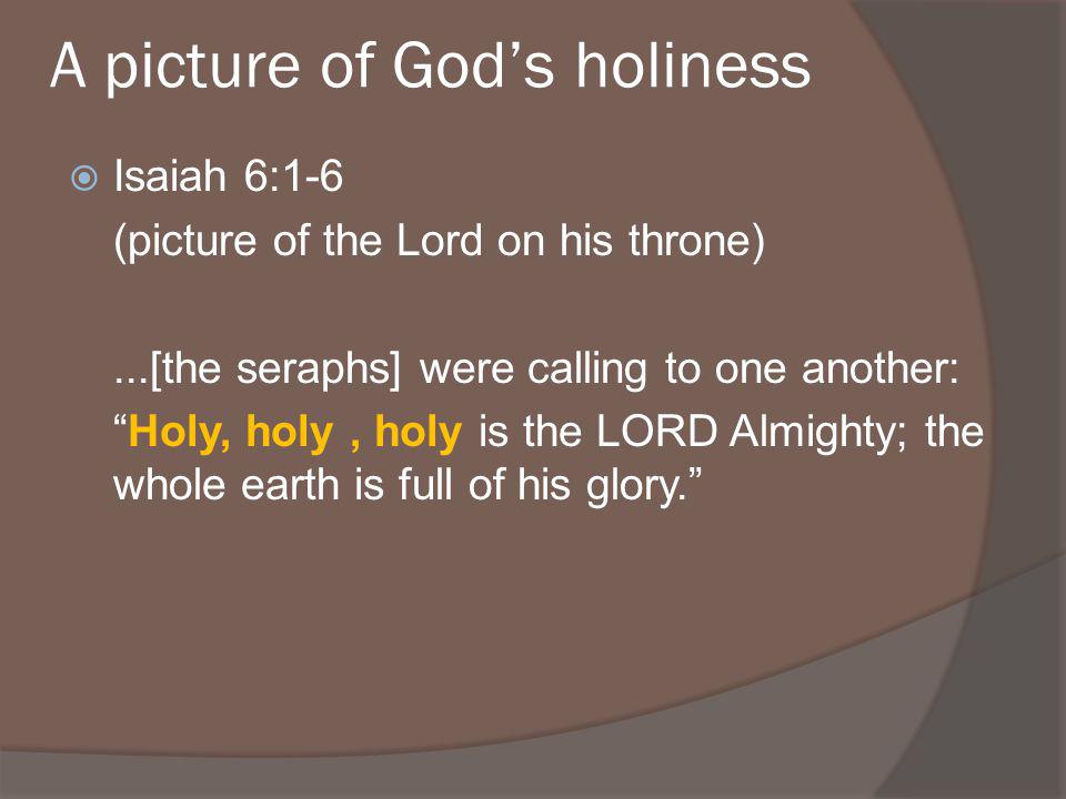 A picture of Gods holiness Isaiah 6:1-6 (picture of the Lord on his throne)...[the seraphs] were calling to one another: Holy, holy, holy is the LORD Almighty; the whole earth is full of his glory.