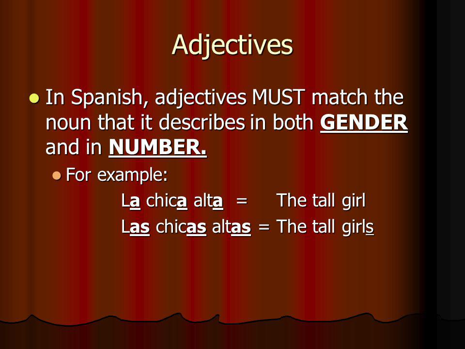 Adjectives In Spanish, adjectives MUST match the noun that it describes in both GENDER and in NUMBER.
