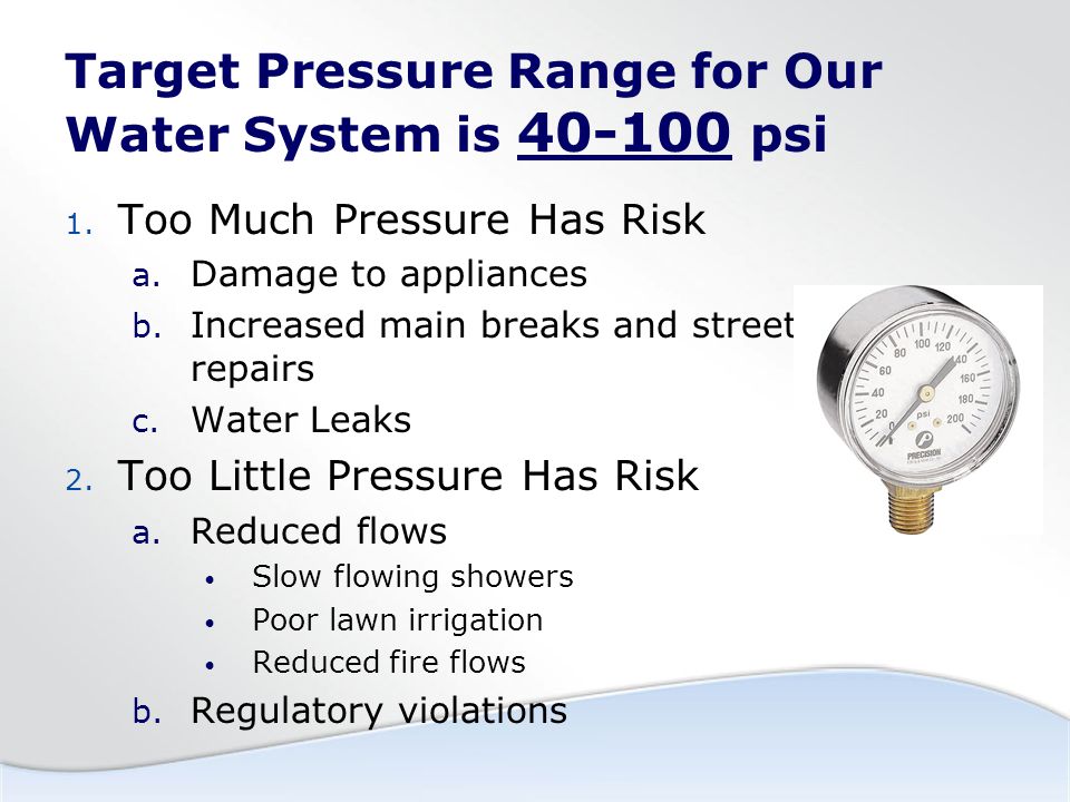 Target Pressure Range for Our Water System is psi 1.