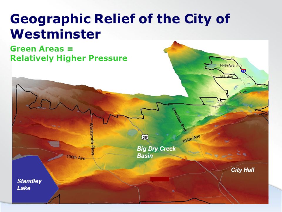 Geographic Relief of the City of Westminster Standley Lake Big Dry Creek Basin City Hall Green Areas = Relatively Higher Pressure