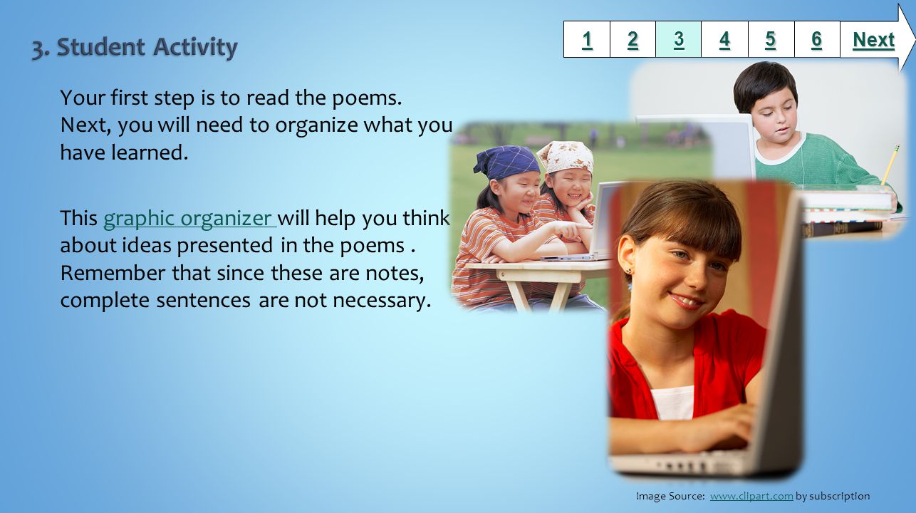 Your first step is to read the poems. Next, you will need to organize what you have learned.