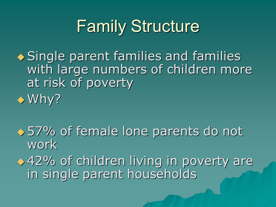 Family Structure  Single parent families and families with large numbers of children more at risk of poverty  Why.