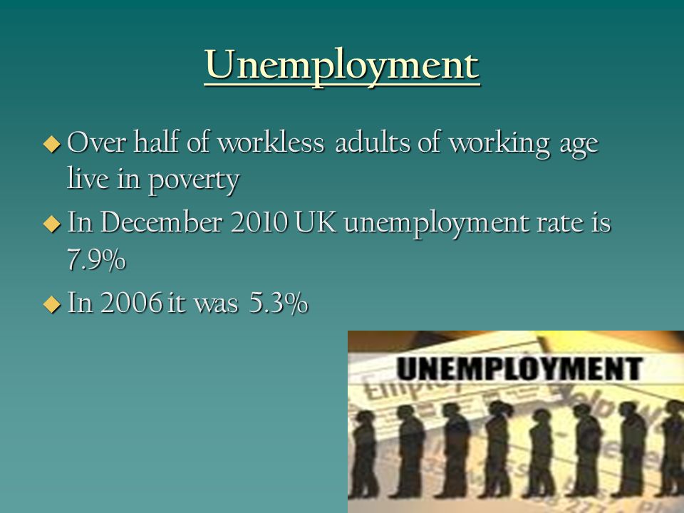 Unemployment  Over half of workless adults of working age live in poverty  In December 2010 UK unemployment rate is 7.9%  In 2006 it was 5.3%