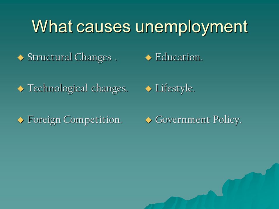What causes unemployment  Structural Changes.  Technological changes.