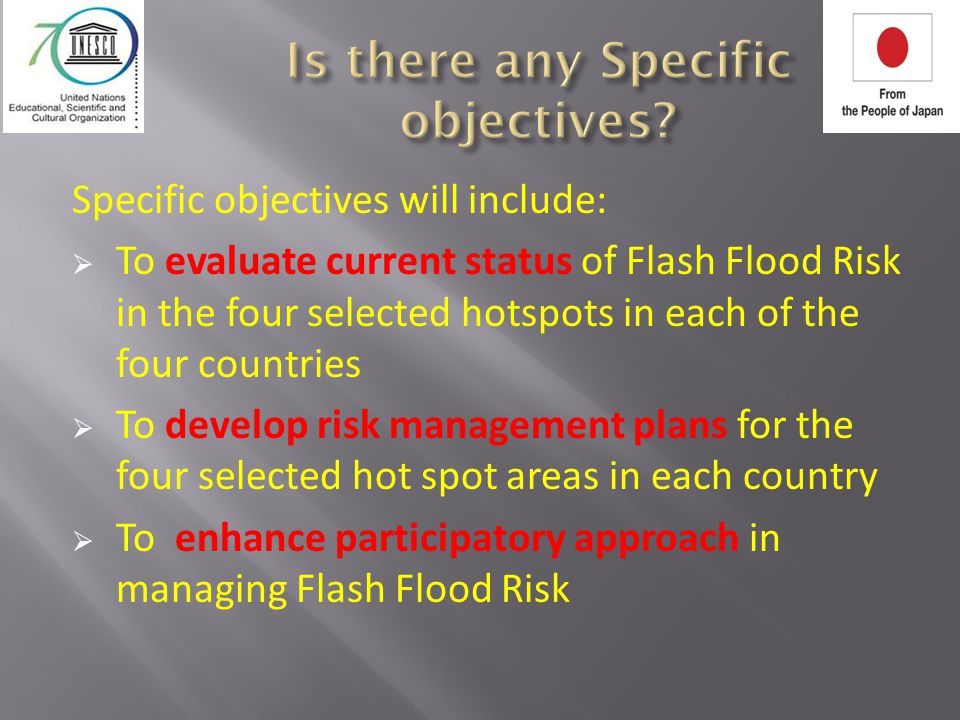 Specific objectives will include:  To evaluate current status of Flash Flood Risk in the four selected hotspots in each of the four countries  To develop risk management plans for the four selected hot spot areas in each country  To enhance participatory approach in managing Flash Flood Risk