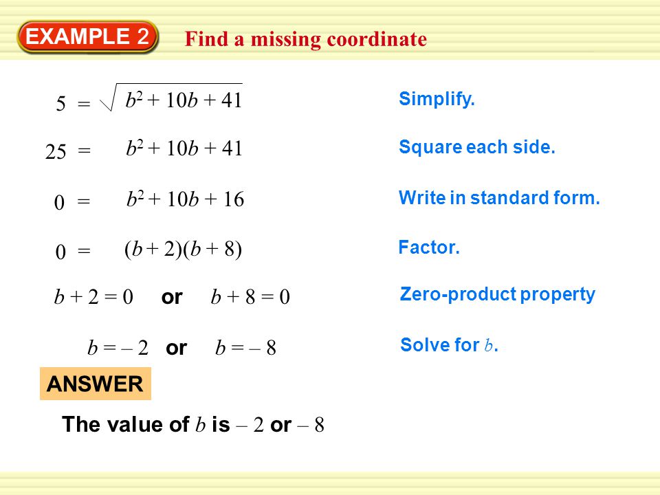 EXAMPLE 2 Find a missing coordinate Simplify. = b b Square each side.