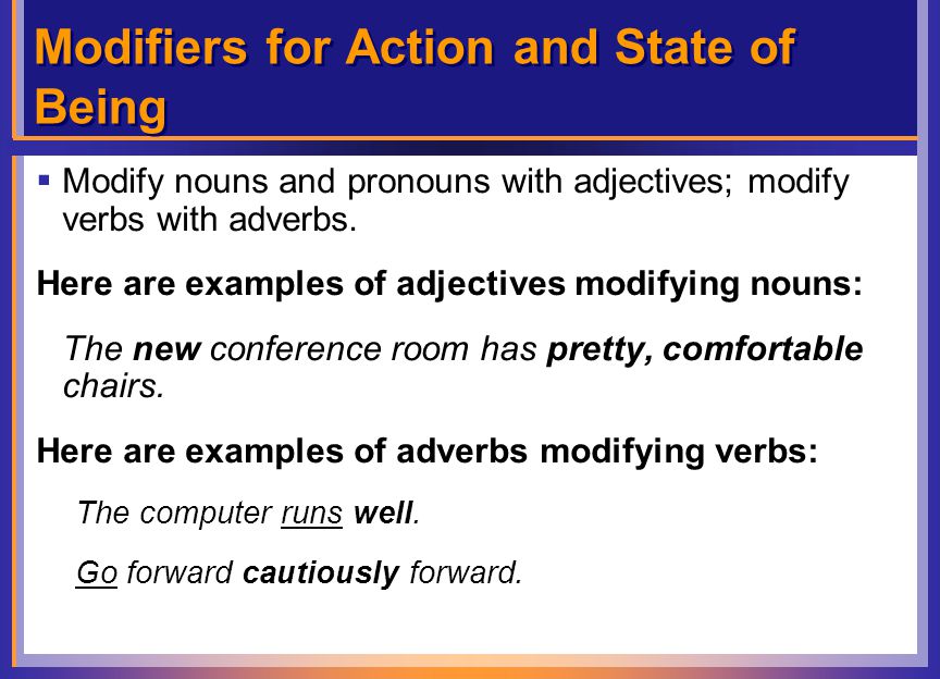 Modifiers for Action and State of Being  Modify nouns and pronouns with adjectives; modify verbs with adverbs.