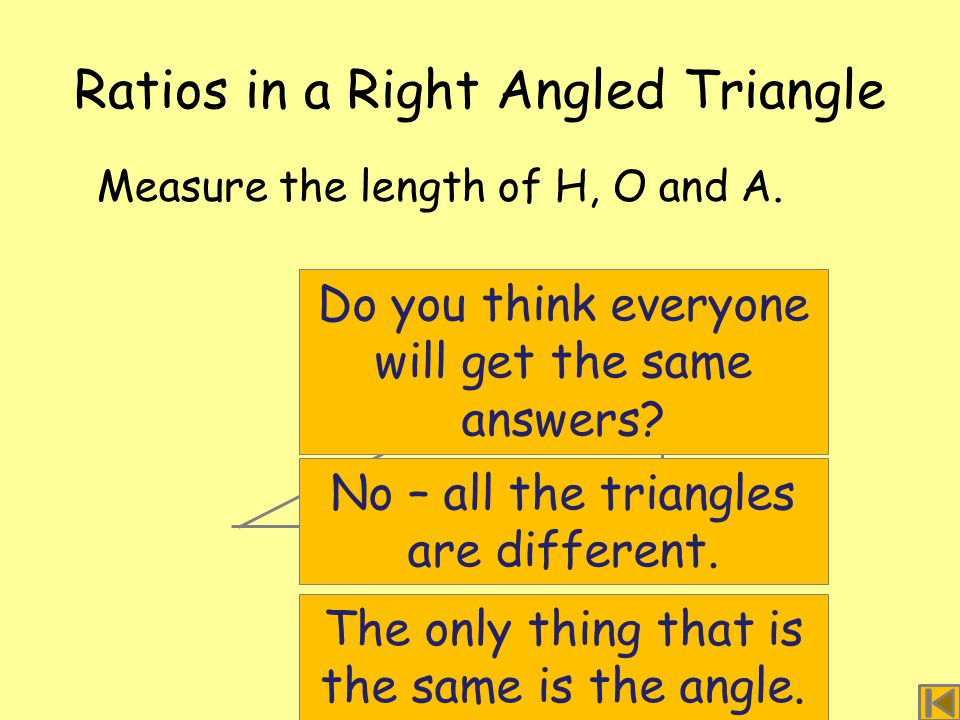 Ratios in a Right Angled Triangle Measure the length of H, O and A.