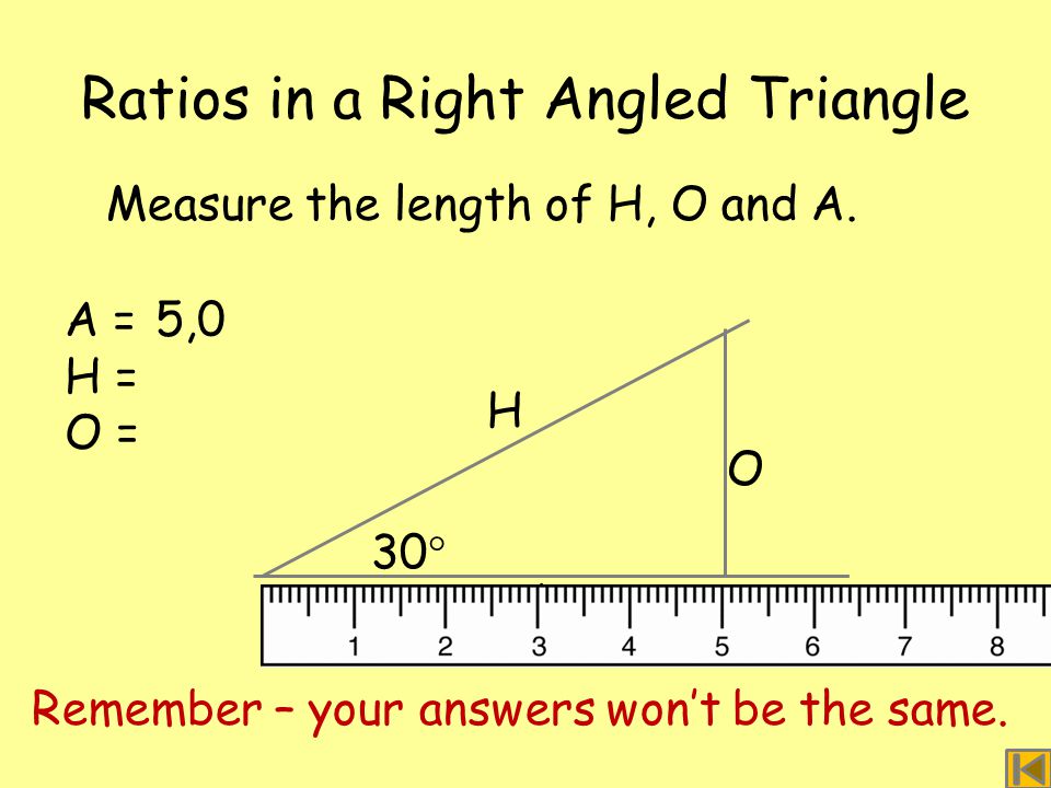 Ratios in a Right Angled Triangle Measure the length of H, O and A.
