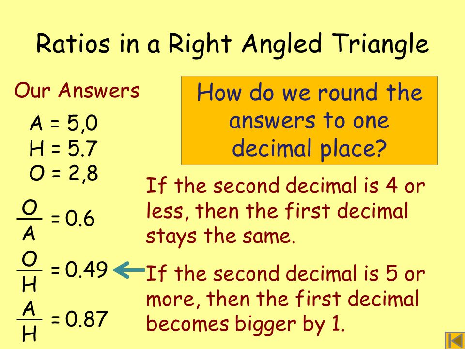 O A =0.6 Ratios in a Right Angled Triangle A = 5,0 H = 5.7 O = 2,8 Our Answers O H =0.49 A H =0.87 How do we round the answers to one decimal place.