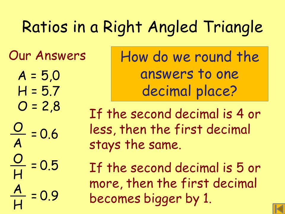 O A =0.6 Ratios in a Right Angled Triangle A = 5,0 H = 5.7 O = 2,8 Our Answers O H =0.5 A H =0.9 How do we round the answers to one decimal place.