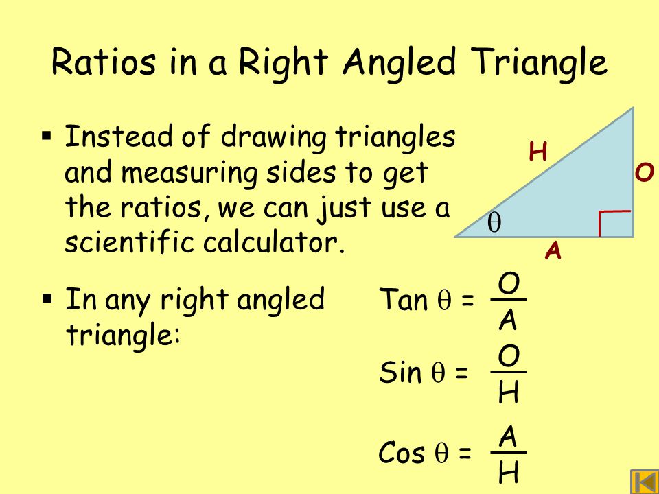 Ratios in a Right Angled Triangle  Instead of drawing triangles and measuring sides to get the ratios, we can just use a scientific calculator.