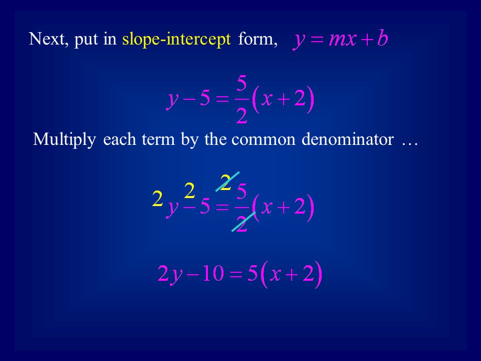Next, put in slope-intercept form, Multiply each term by the common denominator …
