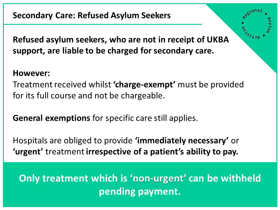 Refused asylum seekers, who are not in receipt of UKBA support, are liable to be charged for secondary care.