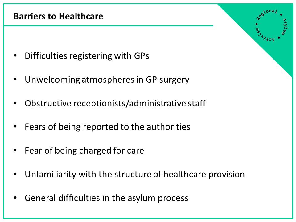 Difficulties registering with GPs Unwelcoming atmospheres in GP surgery Obstructive receptionists/administrative staff Fears of being reported to the authorities Fear of being charged for care Unfamiliarity with the structure of healthcare provision General difficulties in the asylum process Barriers to Healthcare