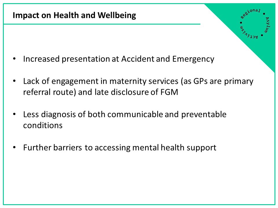 Impact on Health and Wellbeing Increased presentation at Accident and Emergency Lack of engagement in maternity services (as GPs are primary referral route) and late disclosure of FGM Less diagnosis of both communicable and preventable conditions Further barriers to accessing mental health support